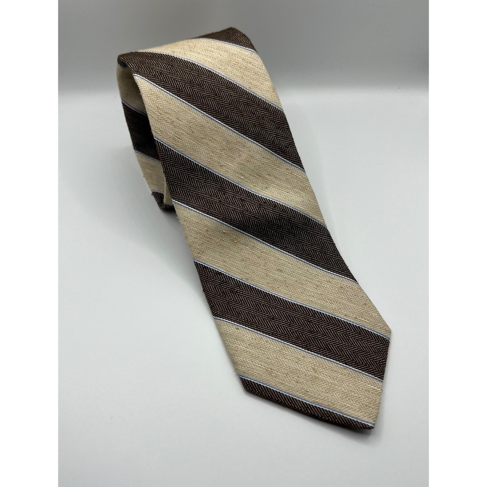 New Brooks Brothers Silk Linen Stripe Herringbone Tie Brown Tan Blue Polka Dot